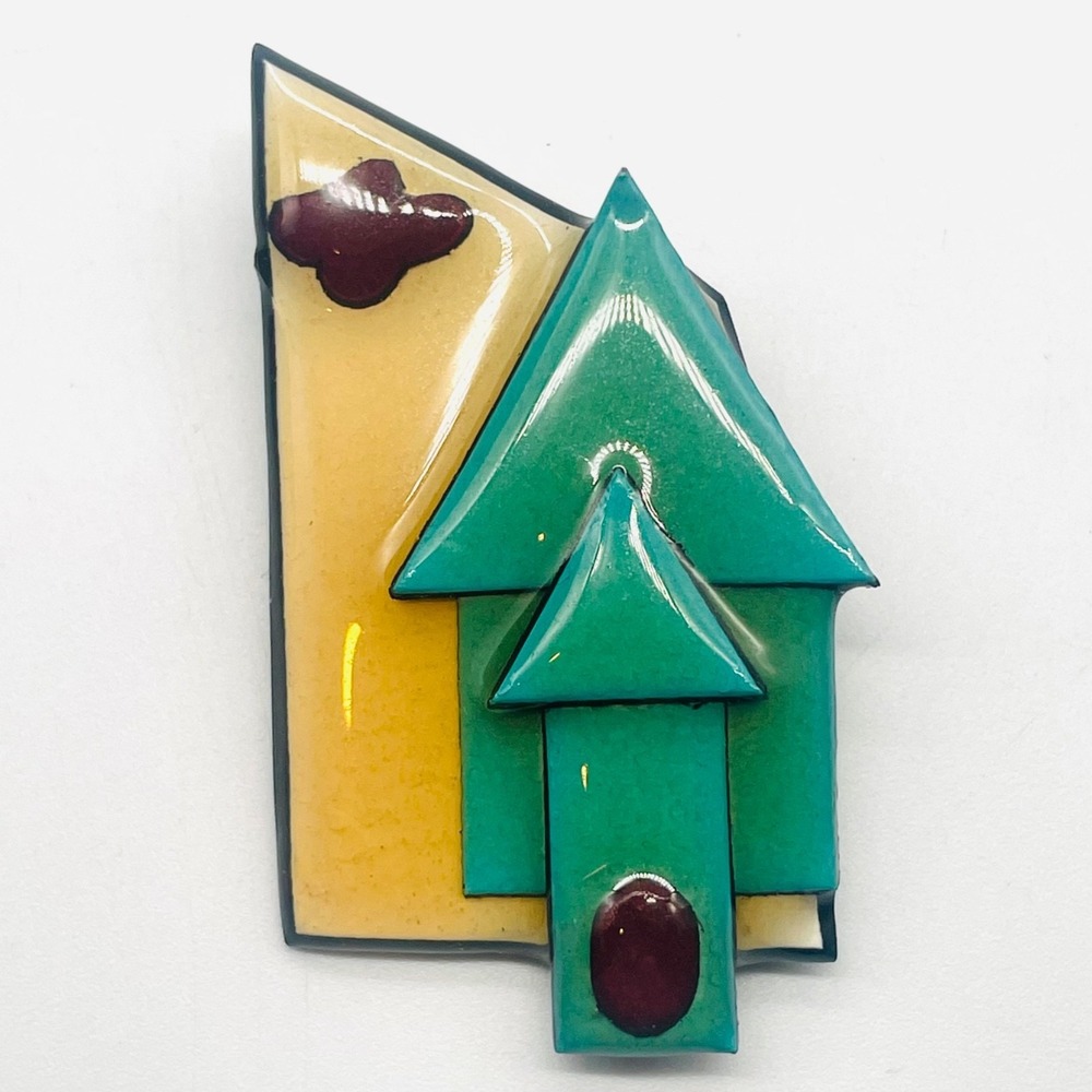 Lucinda House‎ Pins Brooch Art Resin Geometric Architectural Teal Yellow 2.5"